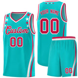 Custom Sky Blue Shoulders Star Pattern Side Color Block Sports Uniform Basketball Jersey