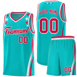 Custom Sky Blue Shoulders Star Pattern Side Color Block Sports Uniform Basketball Jersey