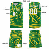Custom Kelly Green Gold Graffiti Pattern Fluids Style Sports Uniform Basketball Jersey Sets