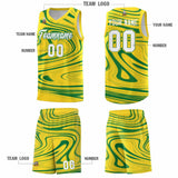 Custom Gold Kelly Green Graffiti Pattern Fluids Style Sports Uniform Basketball Jersey Sets