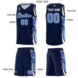 Custom Navy Light Blue-White Graffiti Pattern Side Curve Pattern Sports Uniform Basketball Jersey Sets