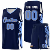 Custom Navy Light Blue-White Graffiti Pattern Side Curve Pattern Sports Uniform Basketball Jersey Sets