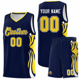 Custom Navy Gold-White Graffiti Pattern Side Curve Pattern Sports Uniform Basketball Jersey Sets
