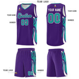 Custom Purple Aqua-White Graffiti Pattern Side Curve Pattern Sports Uniform Basketball Jersey Sets