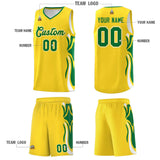 Custom Gold Kelly Green-White Graffiti Pattern Side Curve Pattern Sports Uniform Basketball Jersey Sets