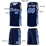 Custom Navy Light Blue-White Graffiti Pattern Side Curve Pattern Sports Uniform Basketball Jersey Sets