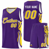 Custom Purple Gold-White Graffiti Pattern Side Curve Pattern Sports Uniform Basketball Jersey Sets