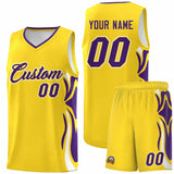 Custom Gold Purple-White Graffiti Pattern Side Curve Pattern Sports Uniform Basketball Jersey Sets