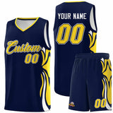Custom Navy Gold-White Graffiti Pattern Side Curve Pattern Sports Uniform Basketball Jersey Sets