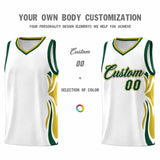 Custom White Green-Old Gold Graffiti Pattern Side Curve Pattern Sports Uniform Basketball Jersey Sets