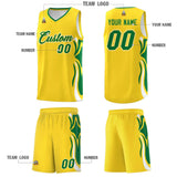 Custom Gold Kelly Green-White Graffiti Pattern Side Curve Pattern Sports Uniform Basketball Jersey Sets