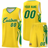 Custom Gold Kelly Green-White Graffiti Pattern Side Curve Pattern Sports Uniform Basketball Jersey Sets