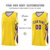 Custom Gold Purple-White Graffiti Pattern Side Curve Pattern Sports Uniform Basketball Jersey Sets