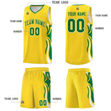 Custom Gold Kelly Green-White Graffiti Pattern Side Curve Pattern Sports Uniform Basketball Jersey Sets