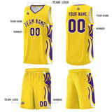 Custom Gold Purple-White Graffiti Pattern Side Curve Pattern Sports Uniform Basketball Jersey Sets