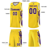 Custom Gold Purple-White Graffiti Pattern Side Curve Pattern Sports Uniform Basketball Jersey Sets
