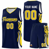 Custom Navy Gold-White Graffiti Pattern Side Curve Pattern Sports Uniform Basketball Jersey Sets