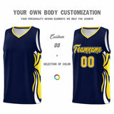 Custom Navy Gold-White Graffiti Pattern Side Curve Pattern Sports Uniform Basketball Jersey Sets
