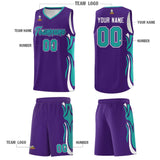 Custom Purple Aqua-White Graffiti Pattern Side Curve Pattern Sports Uniform Basketball Jersey Sets
