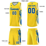 Custom Gold Royal-White Graffiti Pattern Side Curve Pattern Sports Uniform Basketball Jersey Sets