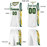Custom White Green-Old Gold Graffiti Pattern Side Curve Pattern Sports Uniform Basketball Jersey Sets