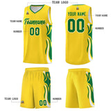 Custom Gold Kelly Green-White Graffiti Pattern Side Curve Pattern Sports Uniform Basketball Jersey Sets