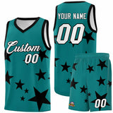 Custom Aqua Black Graffiti Pattern Star Print Basketball Jersey Sets