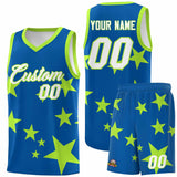 Custom Royal Light Green Graffiti Pattern Star Print Basketball Jersey Sets