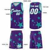 Custom Purple Aqua Graffiti Pattern Star Print Basketball Jersey Sets