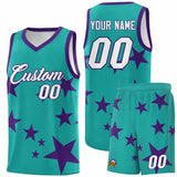 Custom Aqua Purple Graffiti Pattern Star Print Basketball Jersey Sets