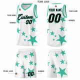 Custom White Bright Green Graffiti Pattern Star Print Basketball Jersey Sets