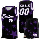 Custom Black Purple Graffiti Pattern Star Print Basketball Jersey Sets
