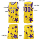 Custom Gold Purple Graffiti Pattern Star Print Basketball Jersey Sets