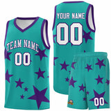 Custom Aqua Purple Graffiti Pattern Star Print Basketball Jersey Sets