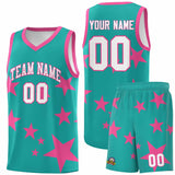Custom Aqua Pink Graffiti Pattern Star Print Basketball Jersey Sets