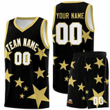 Custom Black Old Gold Graffiti Pattern Star Print Basketball Jersey Sets
