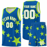 Custom Royal Light Green Graffiti Pattern Star Print Basketball Jersey Sets
