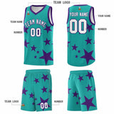 Custom Aqua Purple Graffiti Pattern Star Print Basketball Jersey Sets