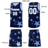 Custom Navy Light Blue Graffiti Pattern Star Print Basketball Jersey Sets