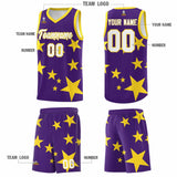 Custom Purple Gold Graffiti Pattern Star Print Basketball Jersey Sets