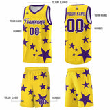 Custom Gold Purple Graffiti Pattern Star Print Basketball Jersey Sets