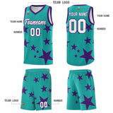 Custom Aqua Purple Graffiti Pattern Star Print Basketball Jersey Sets