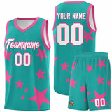 Custom Aqua Pink Graffiti Pattern Star Print Basketball Jersey Sets