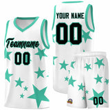 Custom White Bright Green Graffiti Pattern Star Print Basketball Jersey Sets