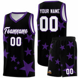 Custom Black Purple Graffiti Pattern Star Print Basketball Jersey Sets