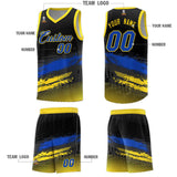 Custom Black Royal and Gold Graffiti Pattern Sports Uniform Basketball Jersey