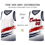 Custom White Red and Navy Graffiti Pattern Sports Uniform Basketball Jersey