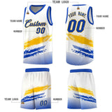 Custom White Yellow and Royal Graffiti Pattern Sports Uniform Basketball Jersey