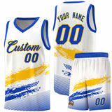 Custom White Yellow and Royal Graffiti Pattern Sports Uniform Basketball Jersey