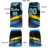 Custom Black Gold and Powder Blue Graffiti Pattern Sports Uniform Basketball Jersey